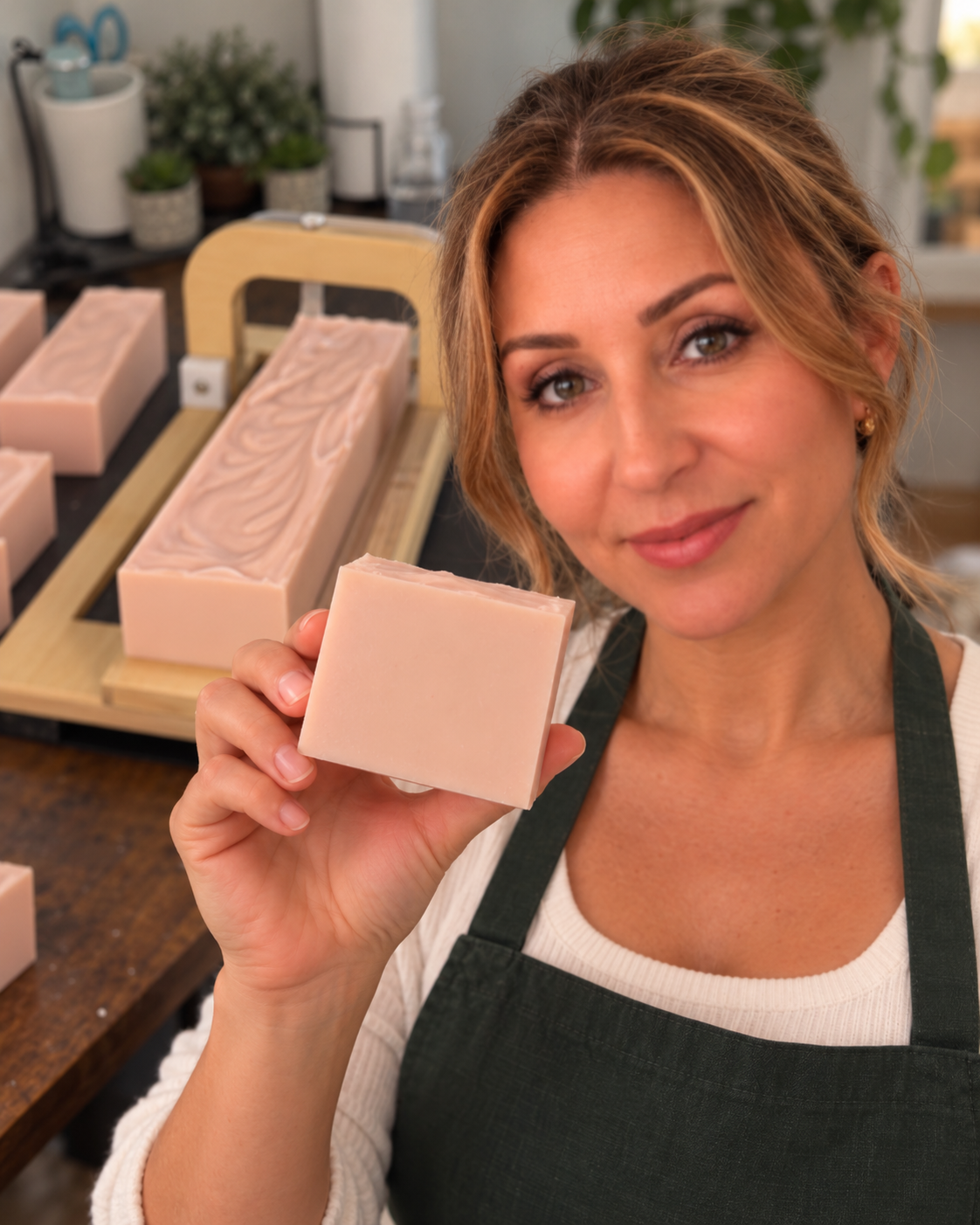 Maya packing freshly made handmade soap and body care products in her home studio