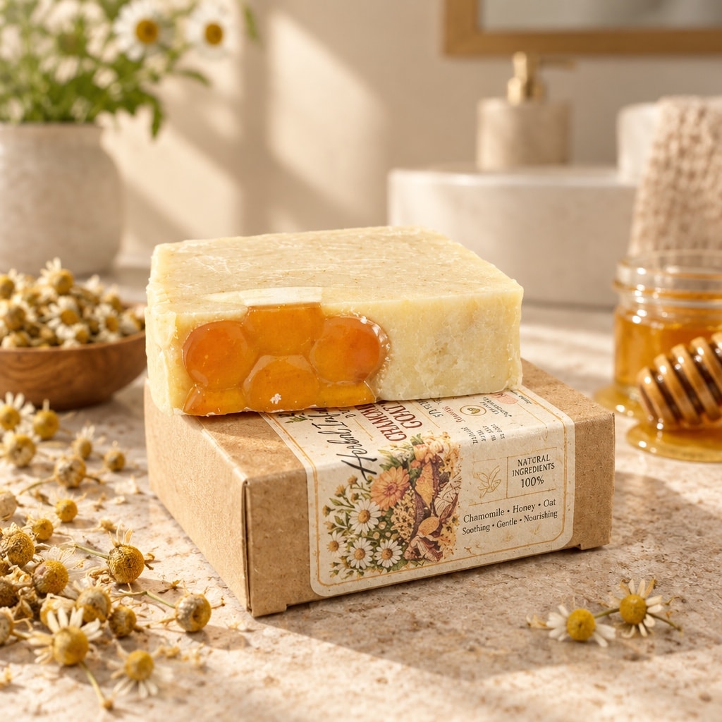 Cream-colored handmade soap wrapped in kraft paper and twine with chamomile flowers