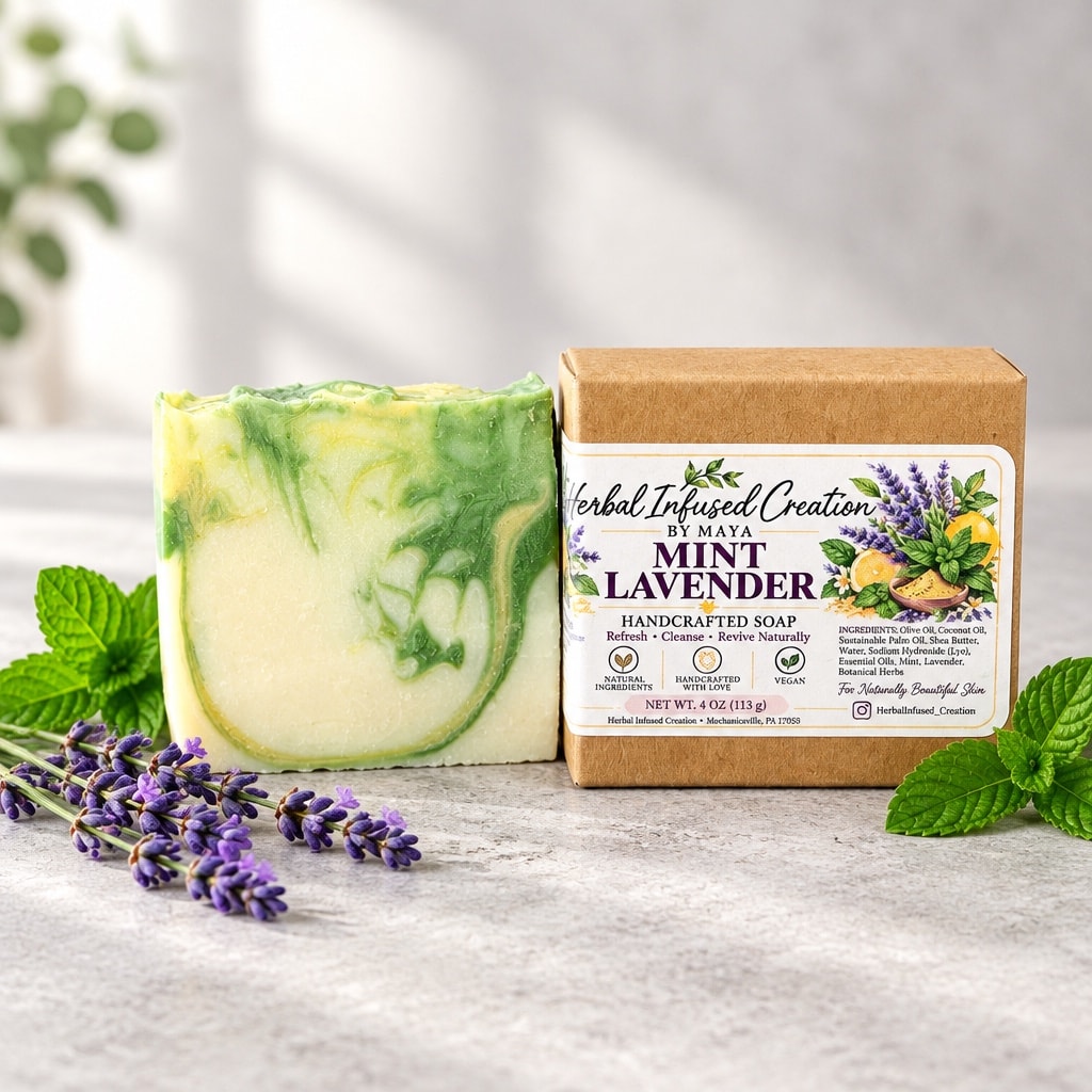 Handcrafted soap bars stacked on linen cloth with botanicals