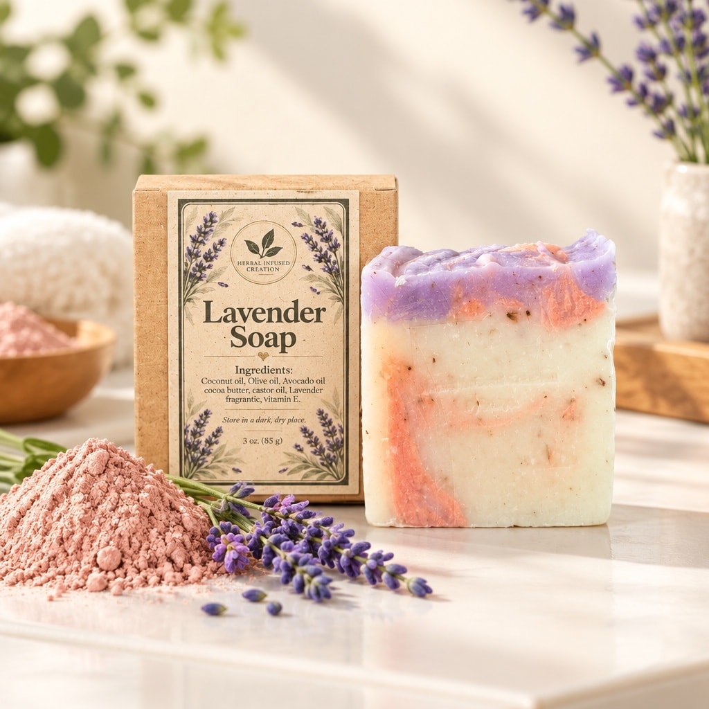 Handmade lavender soap bar with dried lavender flowers on a towel
