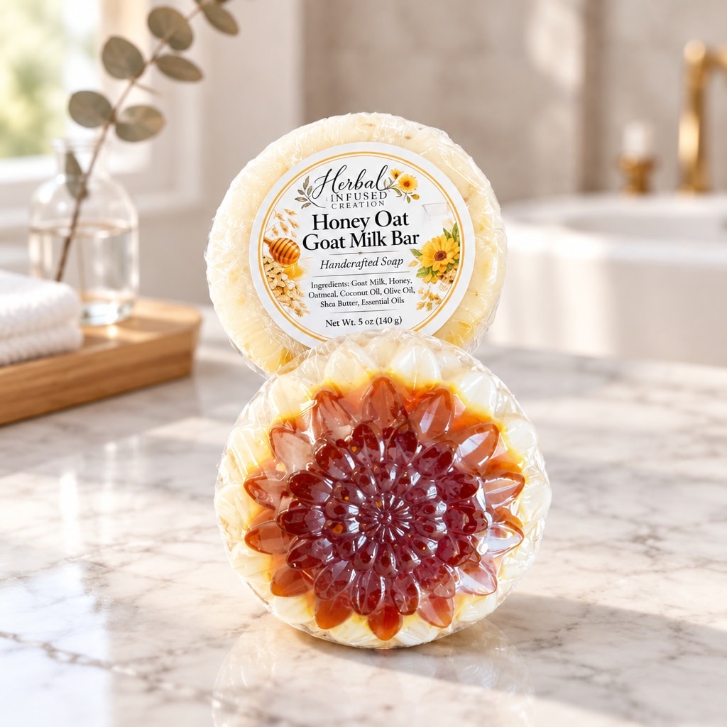 Handmade layered soap bars in warm golden light